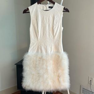 BCBG off white brocade dress with feathers